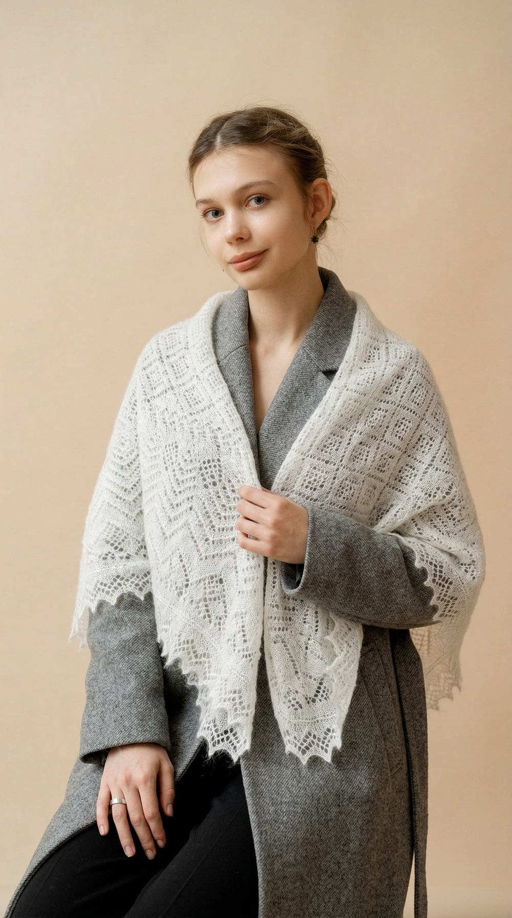 Оренбургский пуховый платок П3-120-01 белый отбеленный