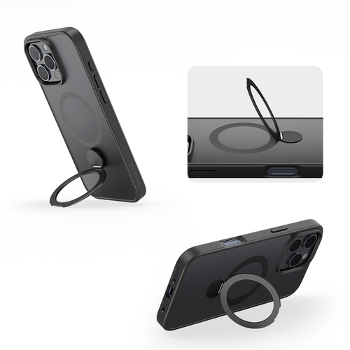 Прозрачный матовый чехол с черными рамками и с поддержкой MagSafe от Dux Ducis для iPhone 16 Pro, серия Yind Series Case (версия с магнитной откидной подставкой)