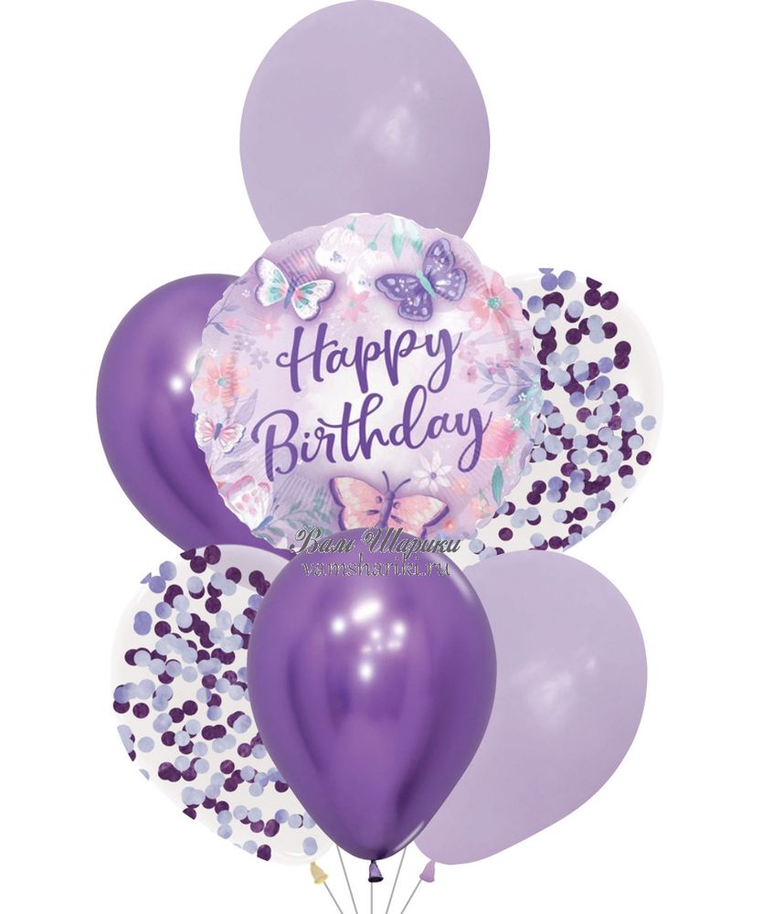 Фонтан из фиолетовых шаров с гелием на День Рождения с бабочками
