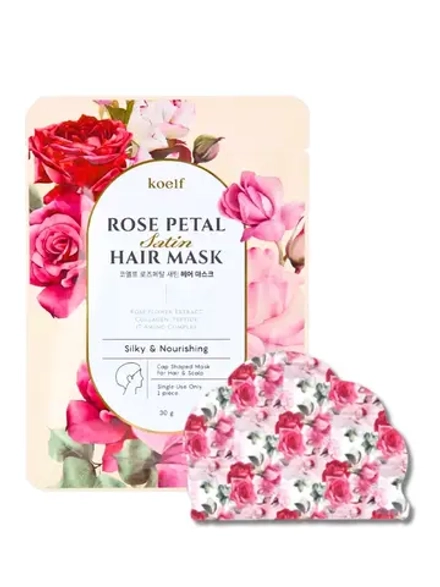 KOELF - МАСКА-ШАПОЧКА ДЛЯ ВОЛОС И КОЖИ ГОЛОВЫ С ЭКСТРАКТОМ РОЗЫ ROSE PETAL SATIN HAIR MASK