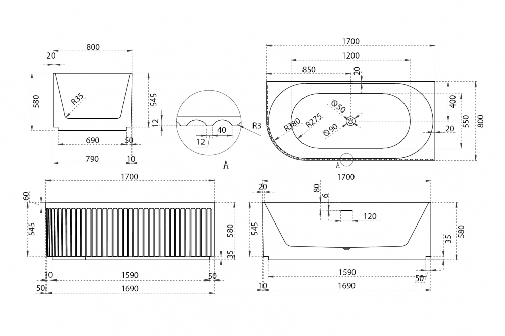Акриловая ванна ABBER AB9412-1.7 R  170x80 см