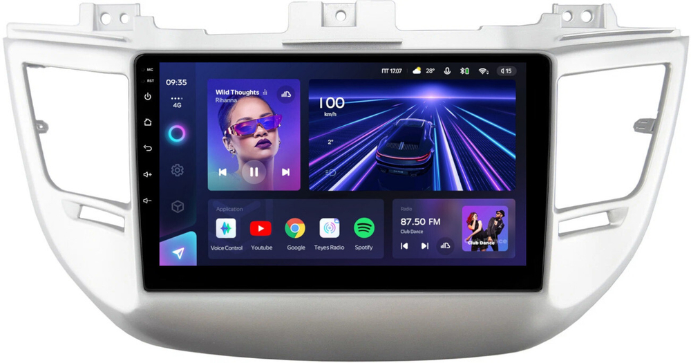 Магнитола для Hyundai Tucson 3 2015-2018 (штатная КЗВ, рамка серебро) - Teyes CC3 монитор 9" QLED на Android 10, ТОП процессор, 4Гб+32Гб, CarPlay, 4G SIM-слот