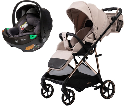 Прогулочная коляска Peppy Amici с автокреслом First Black Beige рама Gold