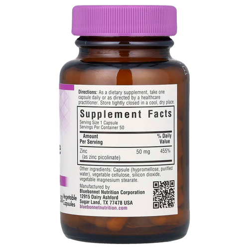 Bluebonnet Nutrition, Пиколинат цинка, 50 мг, 50 растительных капсул