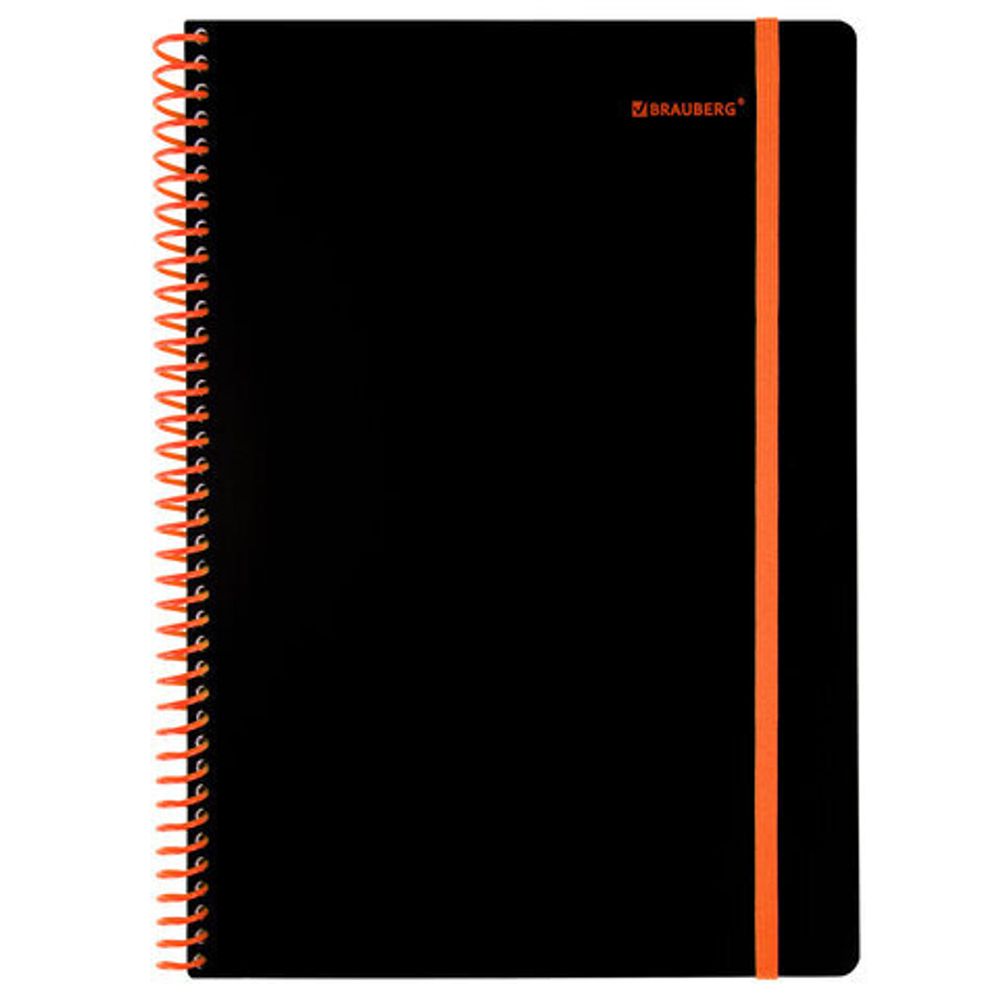 Тетрадь обложка пластик, А4 80 л., спираль пластик, резинка, клетка, BRAUBERG, черный/оранжевый, 405382
