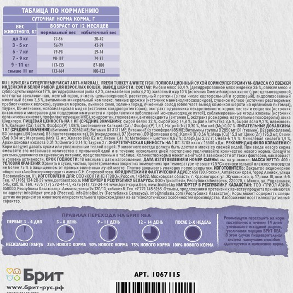 Сухой корм для взрослых кошек Брит BRIT CARE ANTI-HAIRBALL с индейкой и белой рыбой 0,4кг