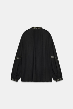 ZARA БЛУЗА ИЗ ПОЛУПРОЗРАЧНОЙ ТКАНИ С БУСИНАМИ, ЧЕРНЫЙ