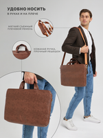 Сумка для ноутбука 15,6" и 17" с ремнем на плечо и 3 отделениями (Коричневая экокожа)