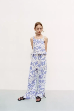 ZARA ТОП ИЗ СМЕСОВОГО ЛЬНА С ПРИНТОМ, ЭКРЮ/СИНИЙ