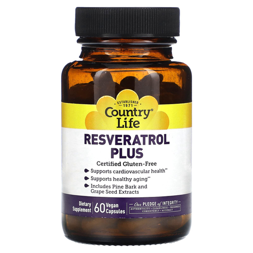 Country Life, Resveratrol Plus, ресвератрол, 60 веганских капсул