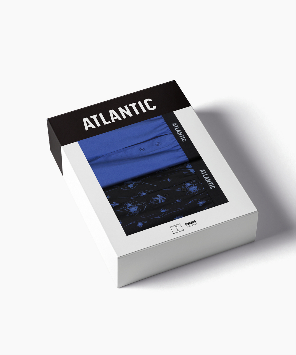Мужские трусы боксеры Atlantic, набор из 2 шт., хлопок, черный + голубой, 2MBX-093