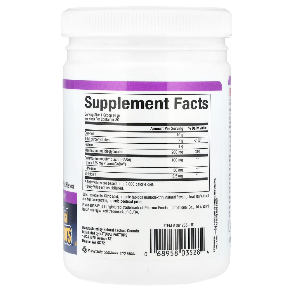 Natural Factors, Stress-Relax®, ночной бисглицинат магния в порошке с мелатонином, ГАМК и L-теанином, тропические фрукты, 120 г (4,23 унции)