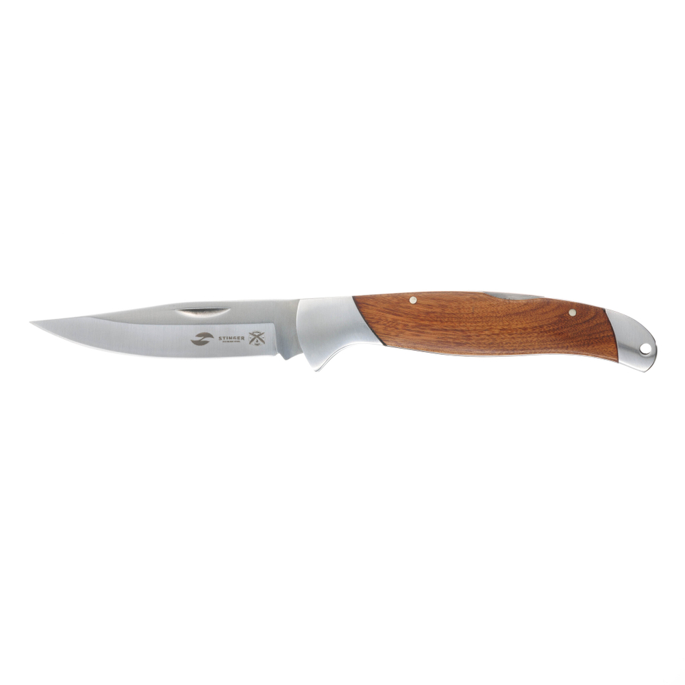 Фото недорогой стальной складной нож с серебристым клинком 100 мм и чёрной деревянной рукояткой Stinger FB0924A в чехле и коробке