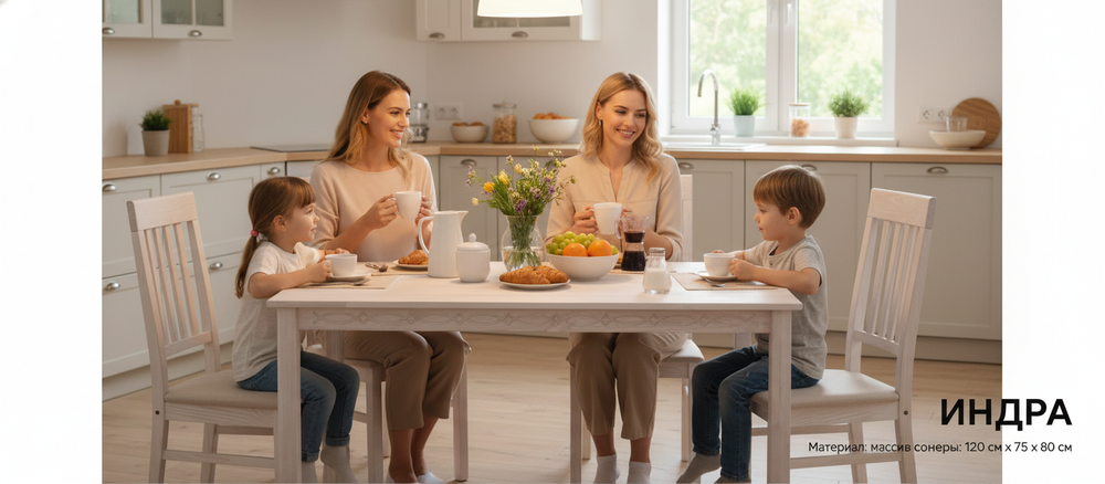 Обеденный стол Индра из массива сосны, белый - Диприз