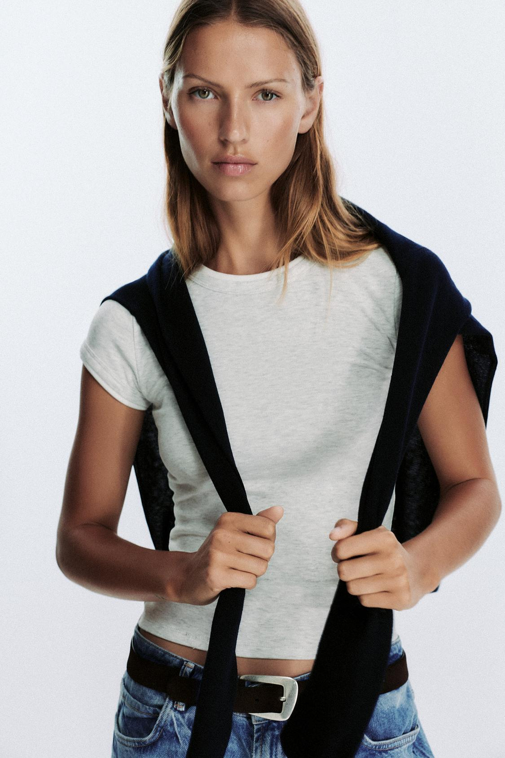 ZARA ФУТБОЛКА ДВОЙНАЯ, СЕРЫЙ МЕЛАНЖ