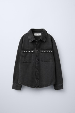 ZARA ДЖИНСОВАЯ РУБАШКА С ЗАКЛЕПКАМИ «ЗВЕЗДЫ», СЕРЫЙ