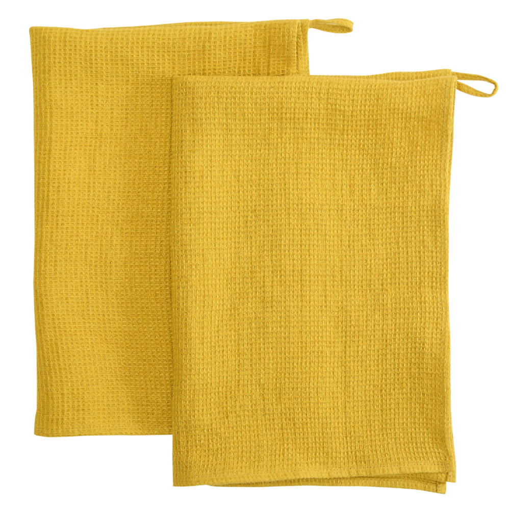 Полотенце кухонное вафельное из умягченного льна горчичного цвета из коллекции essential, 47x70 см