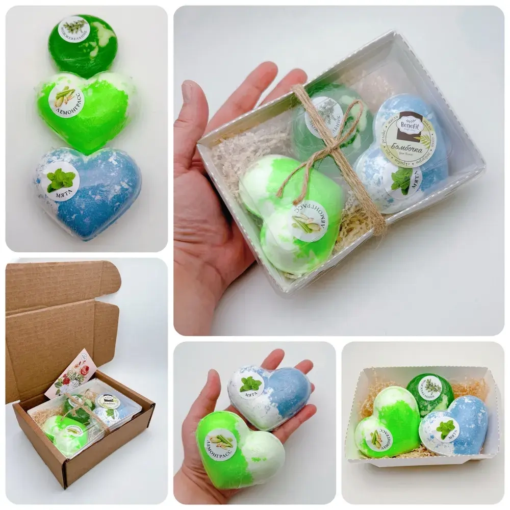 Набор бомбочек "Сердце мята XL, лемонграсс XL + мыло можжевельник"