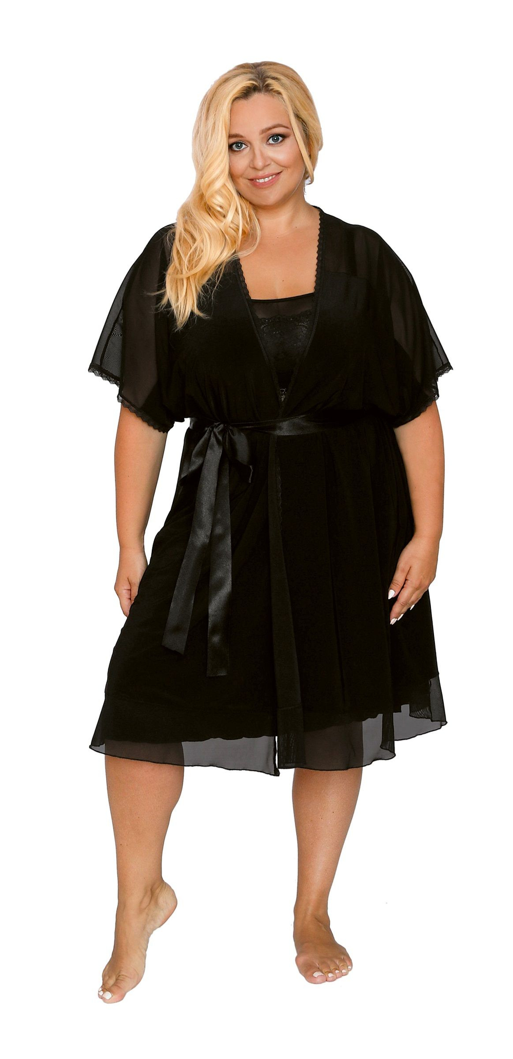 Пеньюар с короткими рукавами и атласным поясом (Размер: XXL) (Цвет: темно-синий)