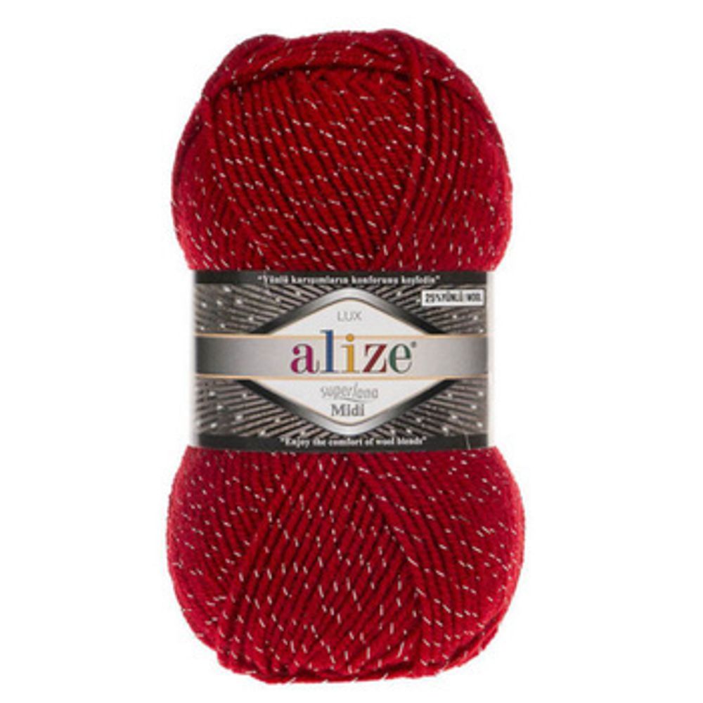 ALIZE &quot;SUPERLANA MIDI LUX&quot;, 3% Металлик - 24% Шерсть - 73% Акрил, 100 гр, 170 м, 56 красный