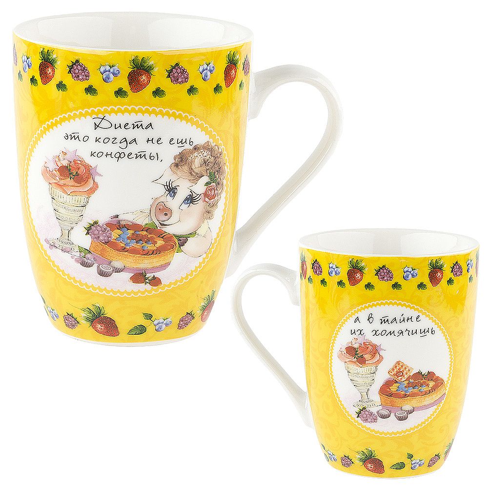 Кружка фарфоровая "Хрюшка/Афоризмы" v=360мл. (6видов) (min12) (транспортная упаковка)