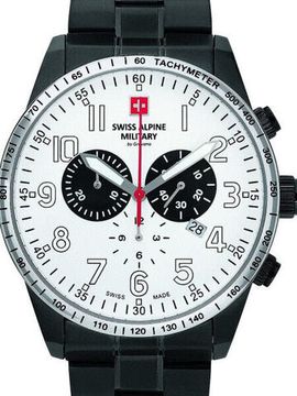 С ремешком Мужские наручные часы с черным кожаным ремешком Swiss Alpine Military 7082.9173 chronograph 45mm 10ATM
