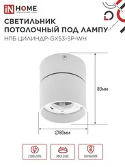 Светильник потолочный НПБ ЦИЛИНДР-GX53-SP-WH под лампу GX53 80х80мм белый IN HOME