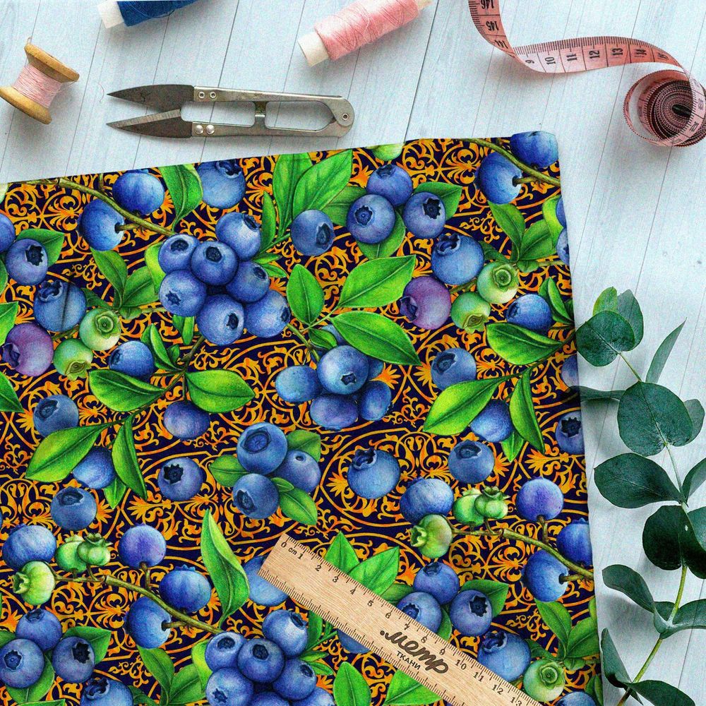 Ткань оксфорд 210 спелая черника хохломой на фоне