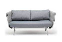 "Монако" диван 2-местный плетеный из роупа, каркас алюминий светло-серый (RAL7035) муар, роуп светло-серый 40 мм, ткань светло-серая