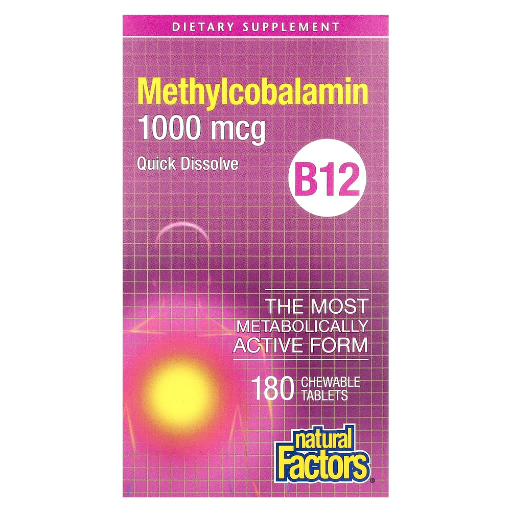 Natural Factors, B12, метилкобаламин, 1000 мкг, 180 жевательных таблеток
