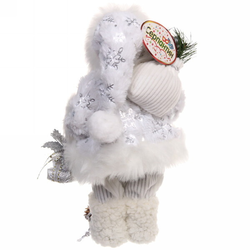 Дед Мороз - Лесовичок с подарком 30 см (без музыки), белый/серебро