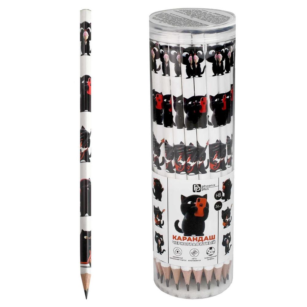 Карандаш ч/г HB "Черный кот" трёхгранный, дерево, без ластика, ассорти (Феникс+)