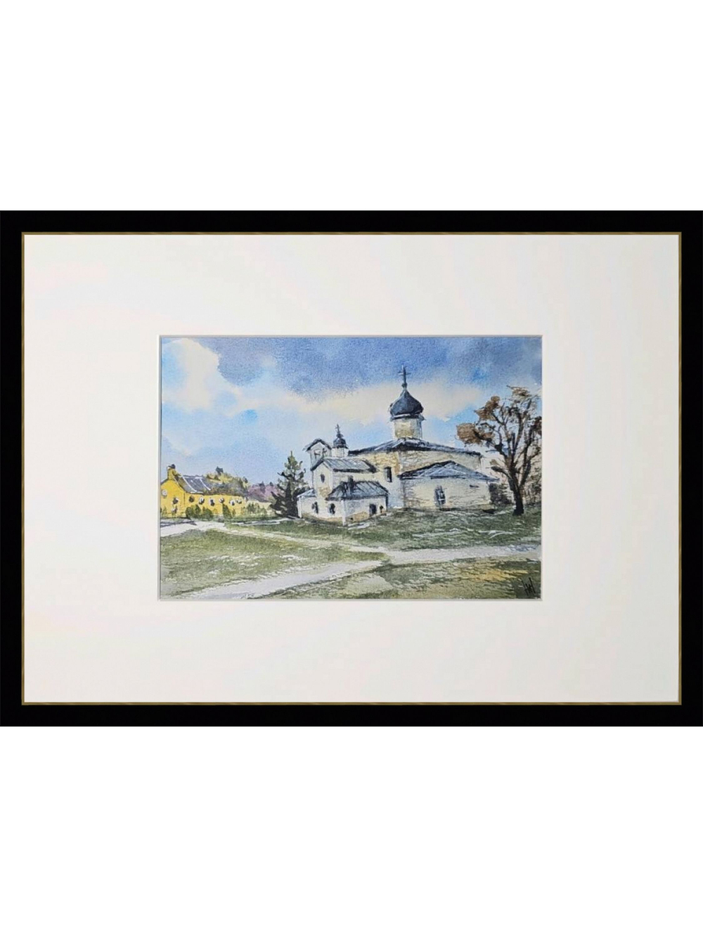 Картина авторская акварельная в паспарту 21х30 см на стену для интерьера "Церковь Нерукотворенного образа на Запсковье"