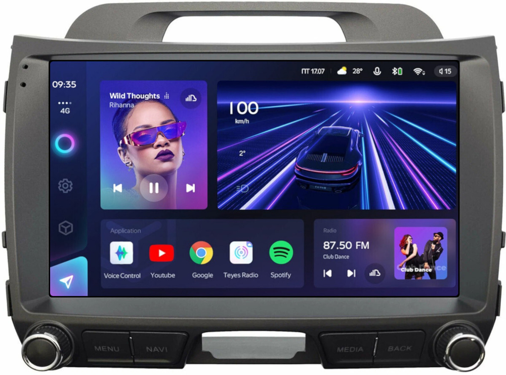 Магнитола для KIA Sportage 3 2010-2016 (без штатного усилителя, рамка с крутилками) - Teyes CC3 монитор 9" QLED на Android 10, ТОП процессор, 4Гб+32Гб, CarPlay, 4G SIM-слот
