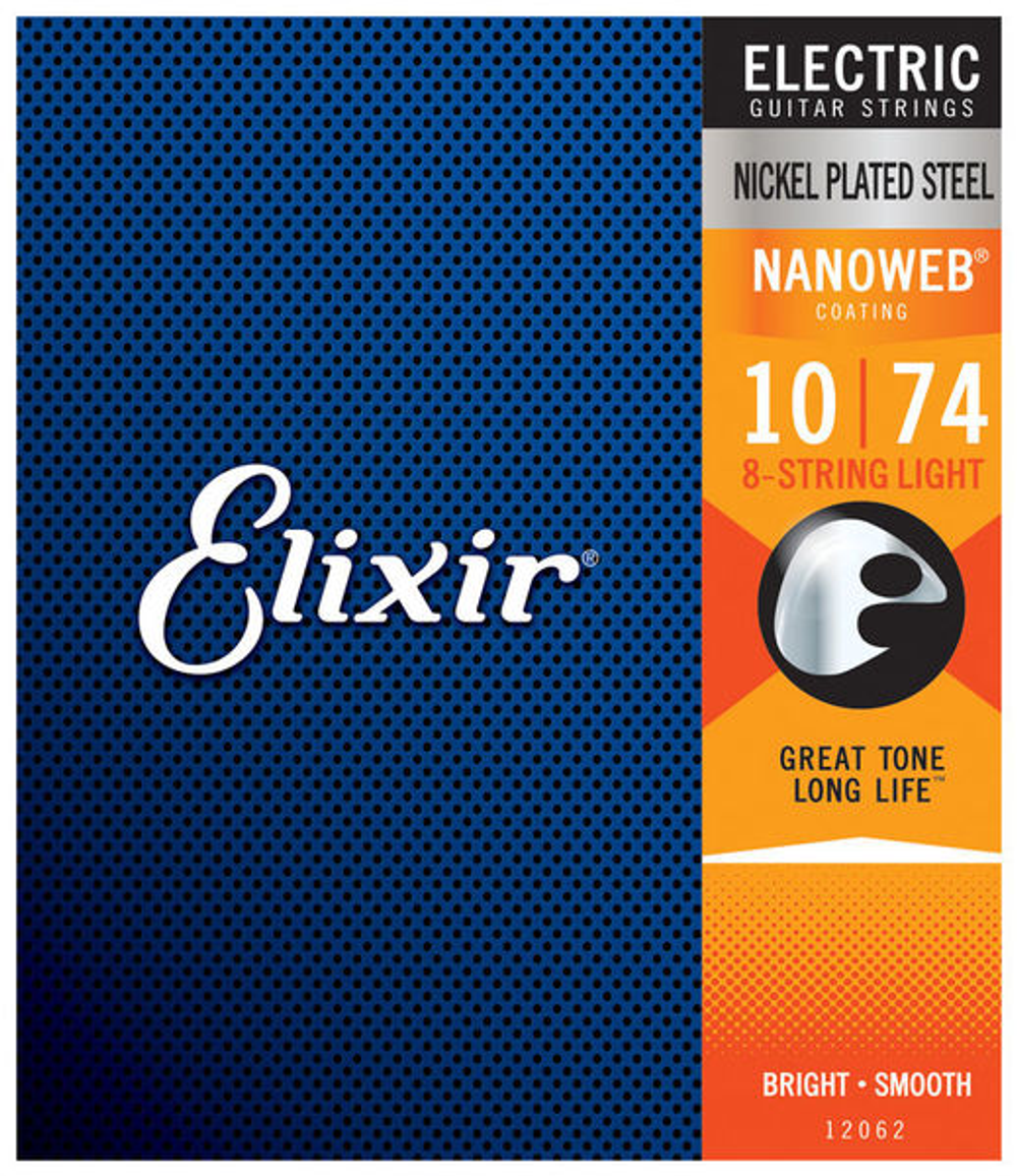 Elixir 12062 NANOWEB Комплект струн для 8-струнной электрогитары, никелированная сталь, Light 10-74.