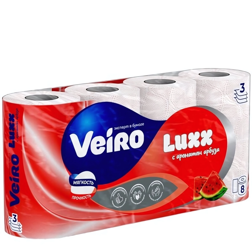 Бумага туалетная VEIRO Luxx Арбуз 3 слоя, 8 рулонов