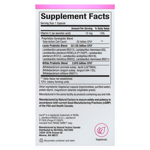 Natural Factors, Лучший пробиотик для женщин на каждый день, 25 миллиардов, 30 вегетарианских капсул