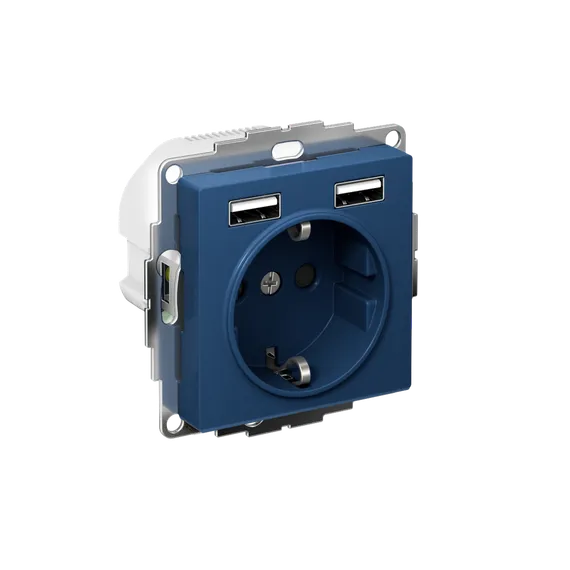 Розетка AtlasDesign 16А с 2-мя заряд. устройствами USB тип A+A 5В/2.4А 2х5В/1.2А механизм аквамарин SE ATN001130