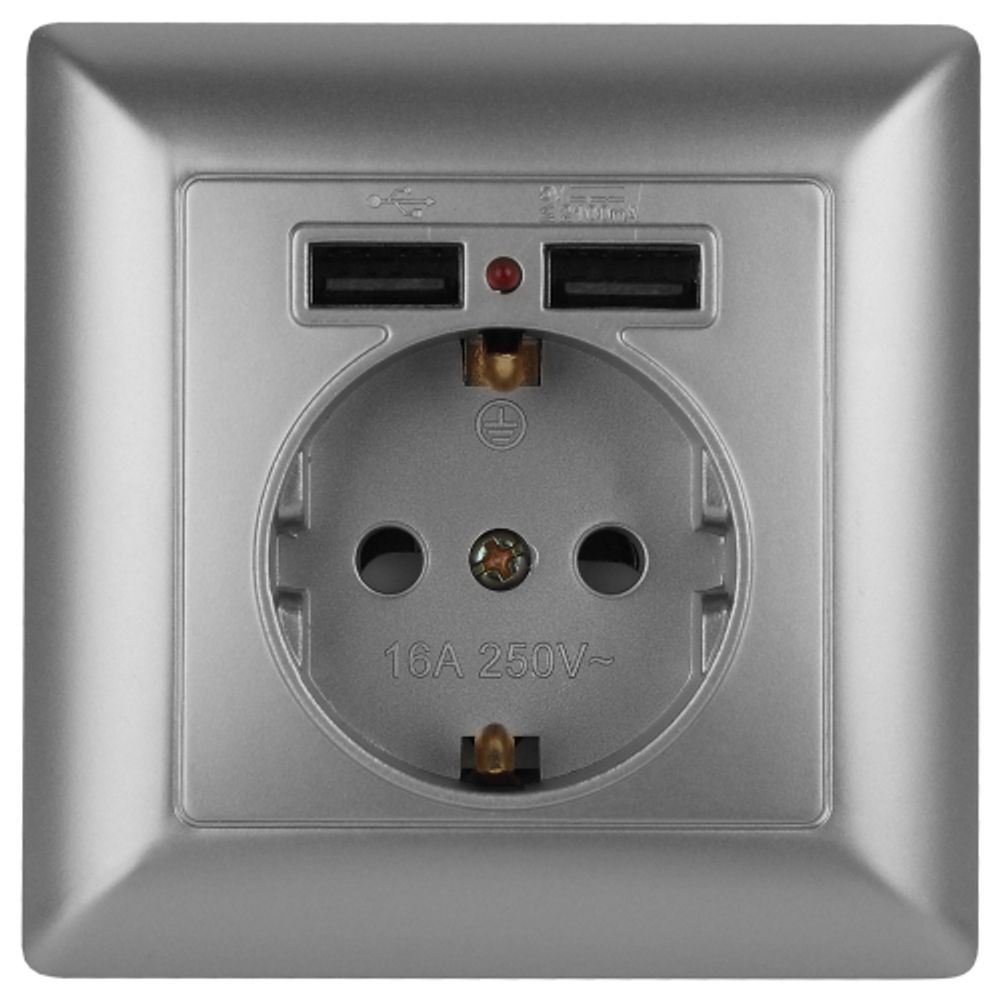 Розетка Intro Solo 4-410-03 с заземлением P+E Schuko со шторками, 16А-250В + 2хUSB, IP20, СУ, алюминий | Intro Solo