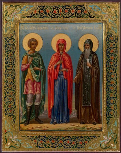 Анна Пророчица, Прокопий мученик и Антоний Великий. Деревянная икона на левкасе