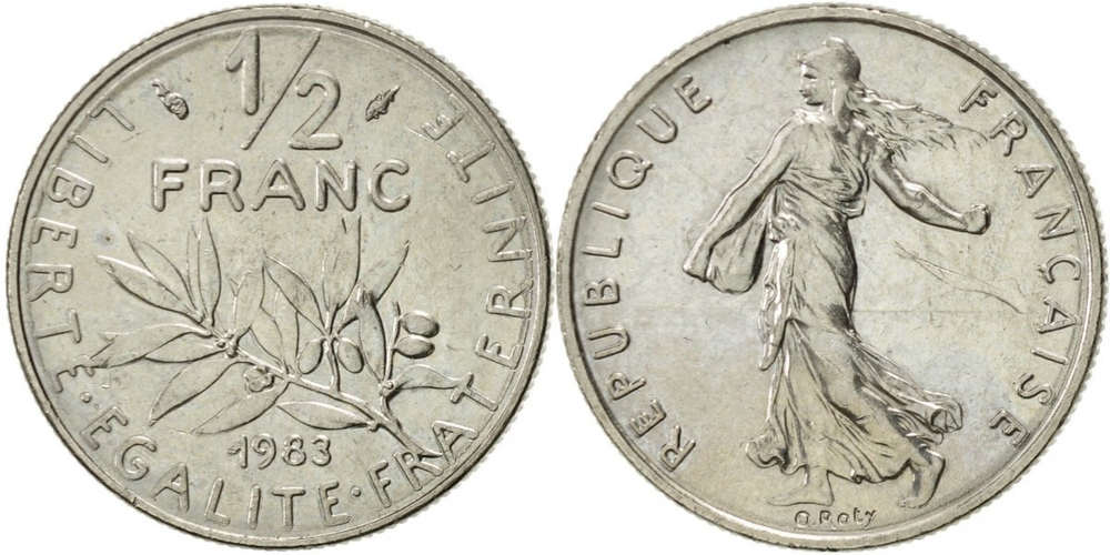 Франция 1/2 франка, 1965-2001 Сеятель XF