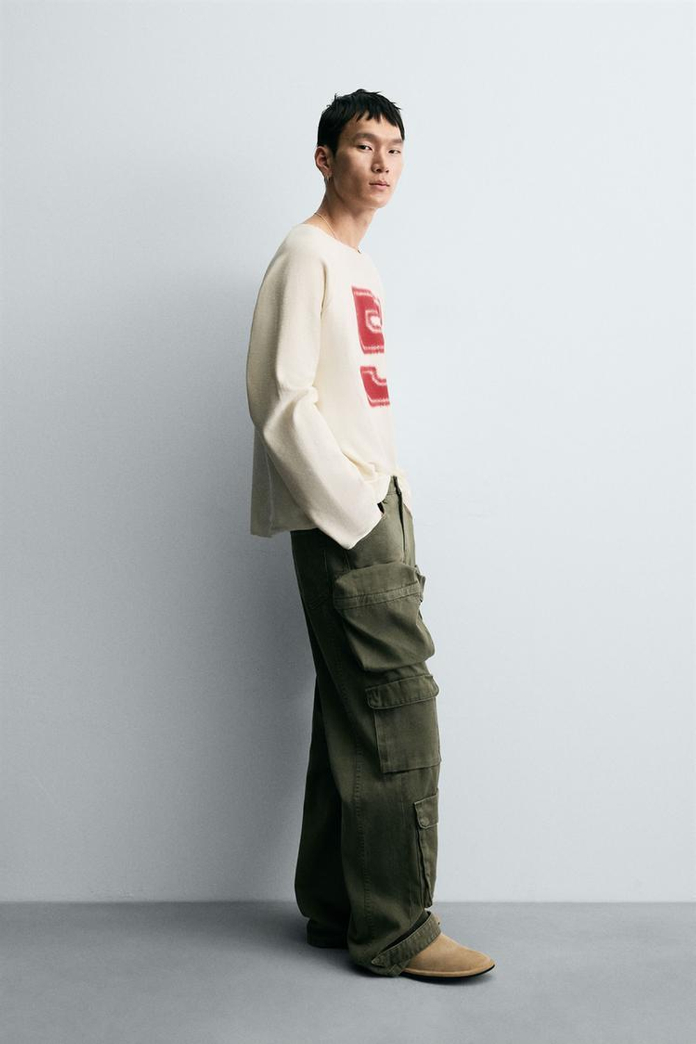 ZARA ФУТБОЛКА В КЛЕТКУ С ПРИНТОМ, ЖЕЛТОВАТО-БЕЛЫЙ