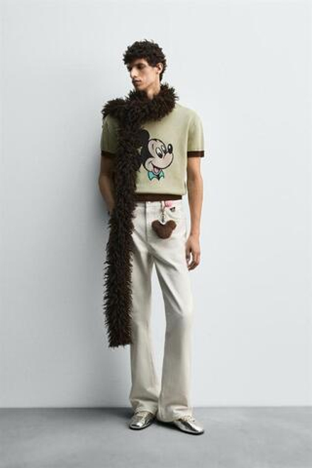 ZARA HARRY LAMBERT X DISNEY ДЖИНСЫ КЛЕШ, ЖЕЛТОВАТО-БЕЛЫЙ