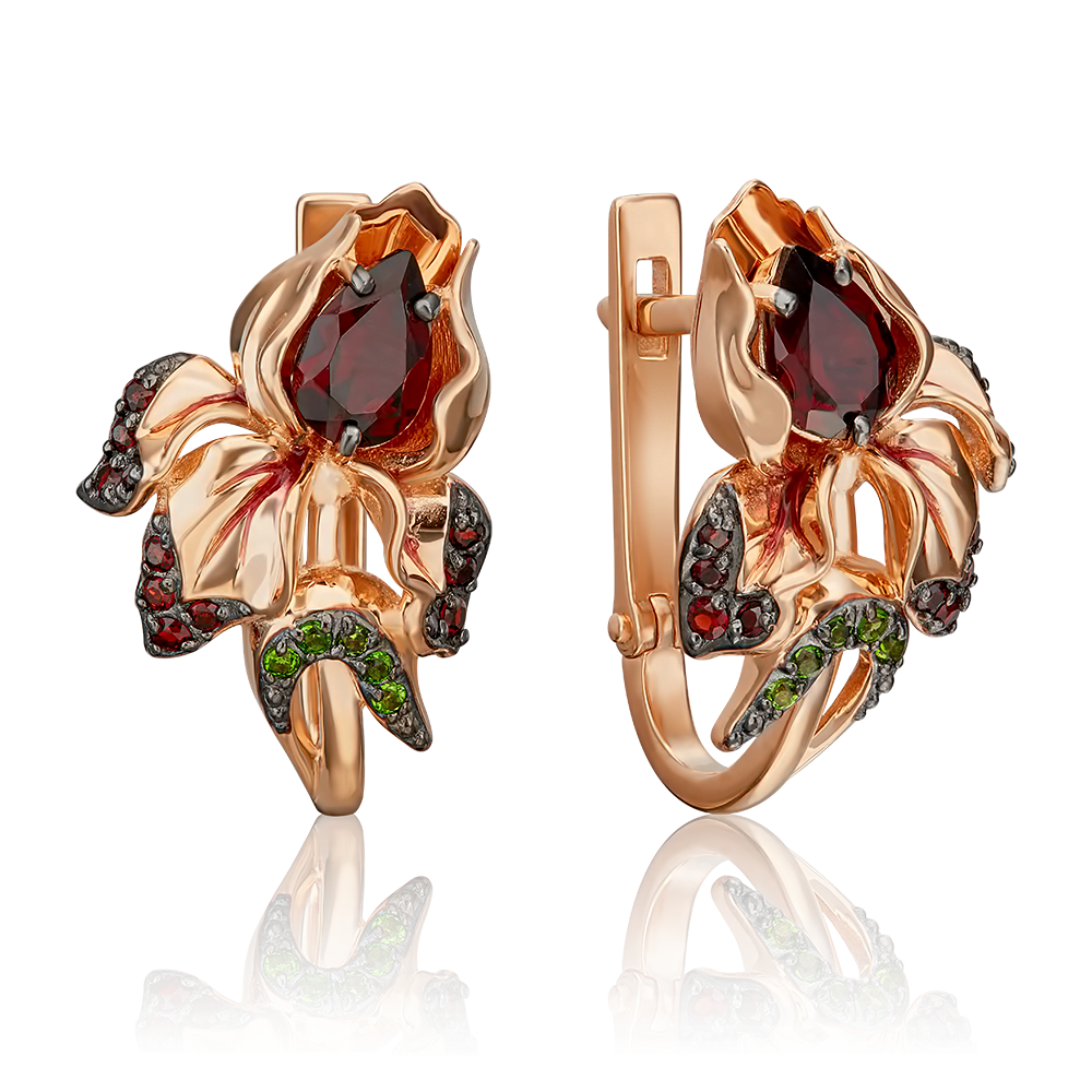 Серьги «Ирисы» с английским замком из красного золота с гранатами, хромдиопсидами и эмалью