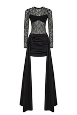 Платье мини из атласа и кружева со шлейфом с закрытым лифом