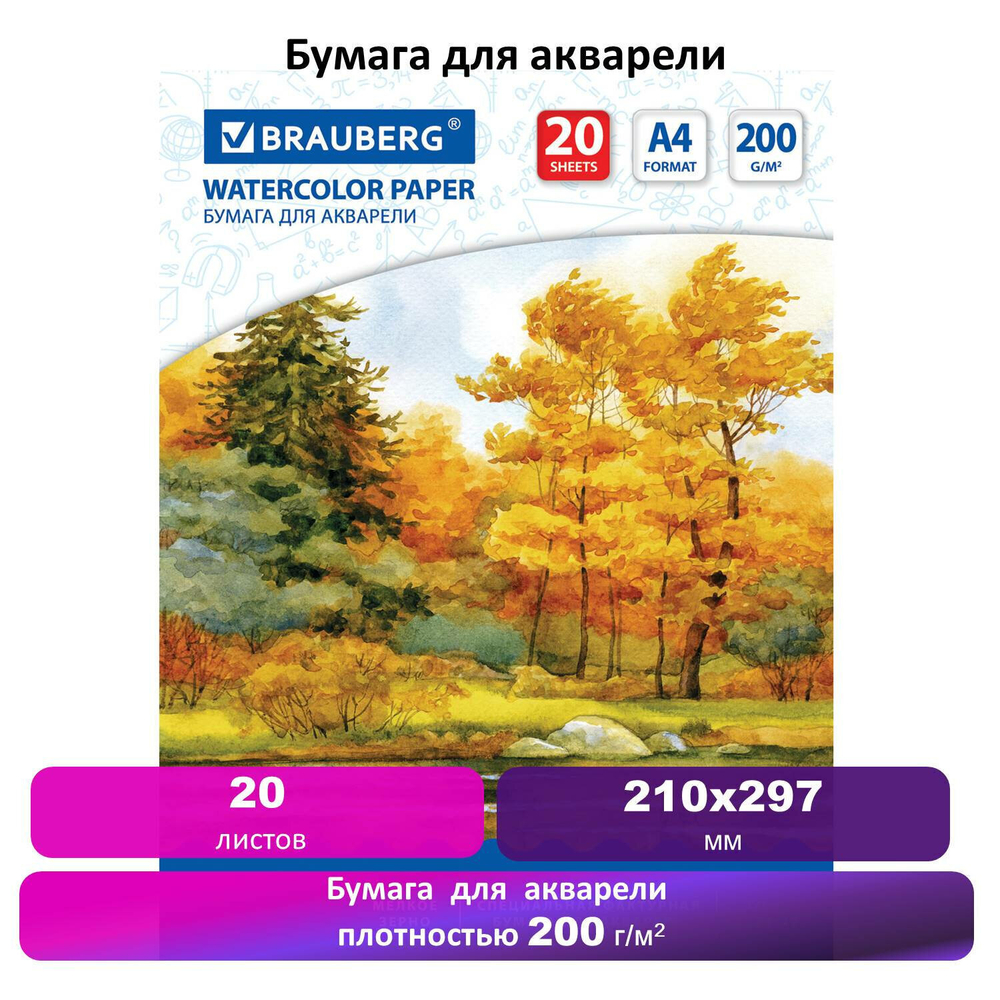 Бумага для акварели А4 20 л. 200 г/м2 210х297 мм BRAUBERG "Осенний лес" (7 штук в упаковке)