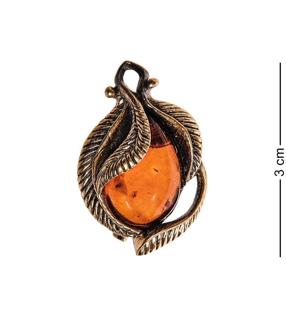 AM-2570 Брошь «Винтажный листик» (латунь, янтарь)