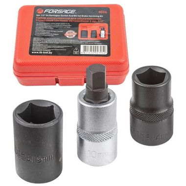 Набор головок для обслуживания тормозной системы автомобиля 1/2''3пр.(14мм, 19мм - 5гр., М10 - 5гр.), в кейсе Forsage F-4036