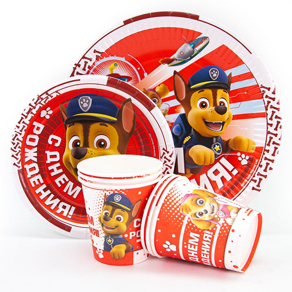 Тарелки (7''/18 см) Щенячий Патруль, С Днем Рождения!, Красный, 6 шт.