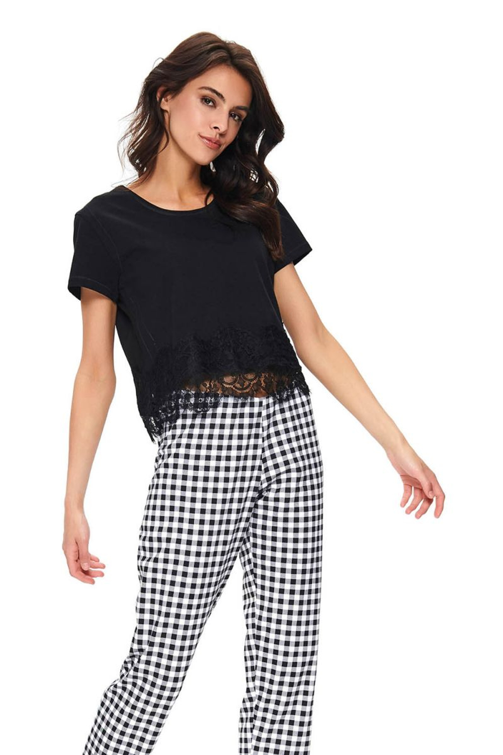 Женская пижама с клетчатыми брючками (Размер: M) (Цвет: черный с белым)